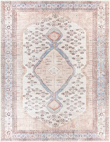 BoutiqueRugs Moora Boho Vintage Oversized Area Rug - Farmhouse Traditional Medallion Carpet for Living Room - Machine Washable - Tan, Pink, Peach, Sage, Blue, Cream - 8'10" x 12' (9x12)