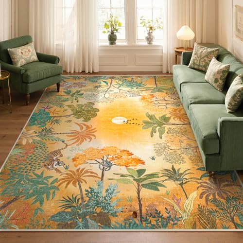 Lahome Jovence Fall Jungle 5x7 Autumn Rug for Living Room Bedroom Machine Washable Carpet, Soft Sunset Kids Rugs for Playroom, Forest Rug Non Slip Non Shedding Orange Indoor Carpet for Nursery Office
