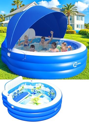 Lanblu 2026 Extra Large Upgraded Inflatable Pool with Canopy, Inflatable Family Lounge Pool, Round Blow Up Pool for Adult with Bench&Backrest,Swim Center Easy Backyard Pools for Kids & Adults, Blue