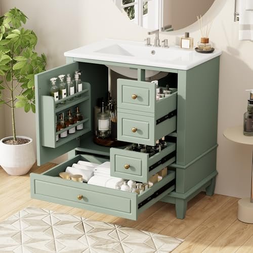 30 Inch Sage Green Bathroom Vanity with Sink,Modern Bathroom Vanity with 3 Drawers & Gold Knobs,with Integrated Ceramic Countertop,Soft Closing Door with Storage Organizer,Solid Wood Frame