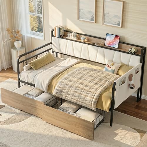 LIKIMIO Daybed with Storage Drawers, Twin Day Bed Frame with Boucle Upholstered Headboard and Charging Station, Sofa Day Bed with Strong Supports for Living Room, Bedroom and Guest Room, Cream