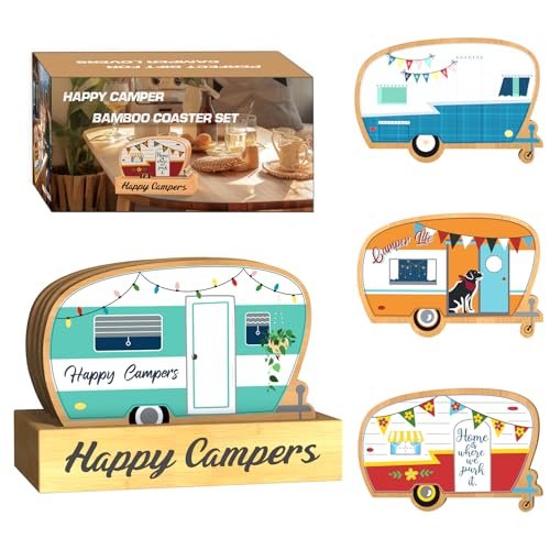 4Pcs RV Camper Coasters Set, Camper Decor, Bamboo Coasters Set Suitable for Kinds of Cups, Modern Style Coasters for Coffee Table, Camping Gifts for Camper Lovers Women Men