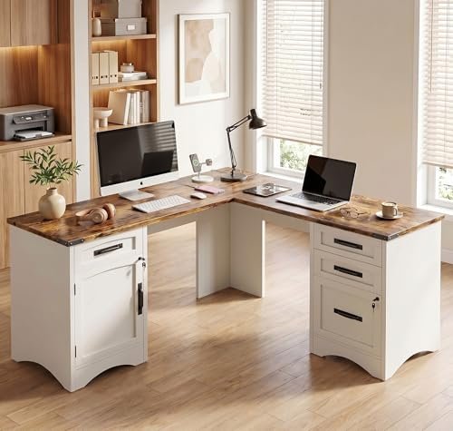 Decofy 67" Farmhouse L Shaped Standing Desk with Drawers Home Office Executive Desks with Fast Charging Station, Lockable File Cabinet, Wood Writing Computer Desk for Work, Study, White