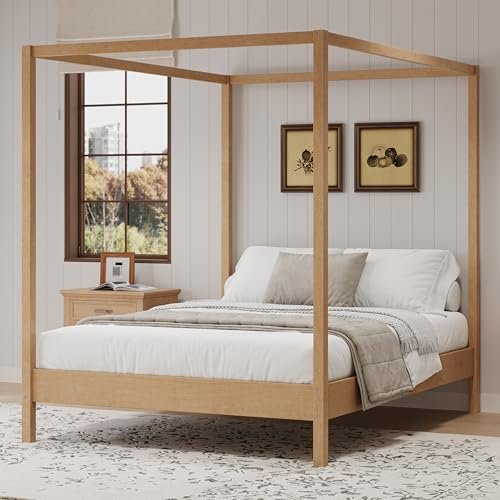 GDFStudio King Size Canopy Bed Frame,Modern Farmhouse Style， Four Poster Platform Bed with Slats Support, Solid Pine and Engineered Wood,No Box Spring Needed, Easy Assembly, for Bedroom, Natural