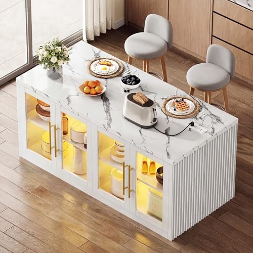 Homiflex Kitchen Island with Storage, 55" W Large Island Table with LED Light for Dining Room, Kitchen Carts on Wheels Breakfast Bar Table w/Power Outlet, White