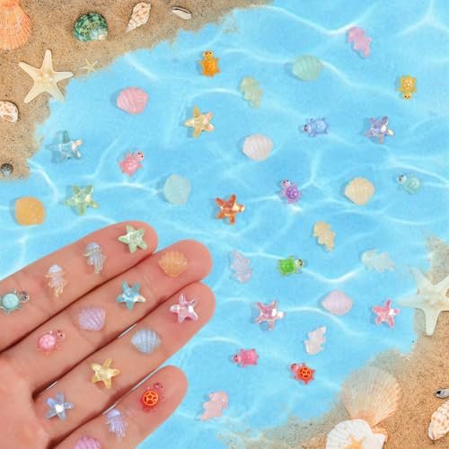 Yonseng 400pcs Luminous Mini Ocean Resin Animals Starfish Jellyfish Seashell Mini Turtles Set Resin Animals Tiny Sea Models for Dollhouse Miniatures DIY Fish Tank Fairy Garden Micro Landscaping