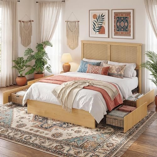 GAOMON Queen Size Rattan Bed Frame with 4 Storage Drawer, Boho Style Rattan Bed with LED Light & Natural Headboard, Sturdy Wooden Slats Support, No Box Spring Needed