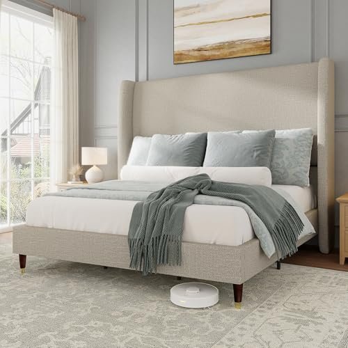 Jocisland King Size Bed Frame 51.2" Wingback Headboard Linen Upholstered Platform Bed with Solid Wood Legs & Wooden Slats, No Box Spring Needed, Modern Minimalist Style, Easy Assembly, Brown