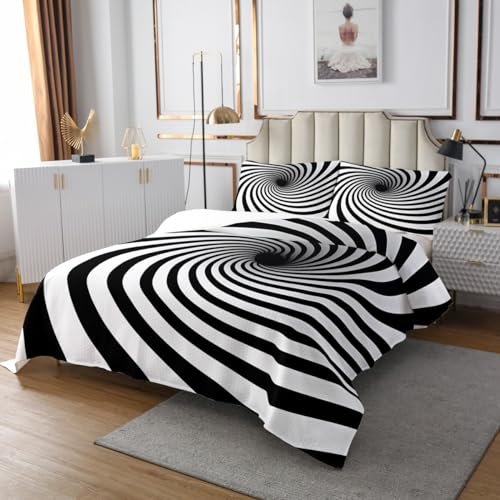 3 Piece Black White Stripes Quilt Bedding Set Women Aldult Lightweight Bedding Visual Abstraction Bedspread Set Optical Illusion Coverlet Soft Microfiber Home Quilt Set for King Bed All Season
