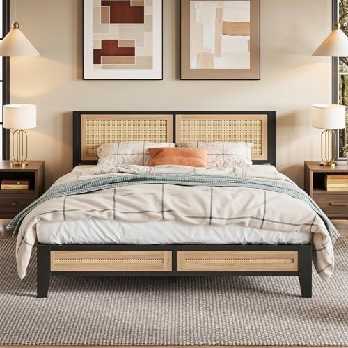 LIKIMIO Queen Bed Frame, Boho Platform Bed with Rattan Headboard and Underbed Storage, Noise-Free Metal Slats, No Box Spring Needed, Easy Assembly
