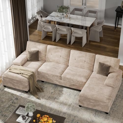 U-Shaped Sectional Couches for Living Room, 4 Seat Sofa with Double Chaise Lounges,Solid Wood Frame Sectional Sofa for Apartment,Beige