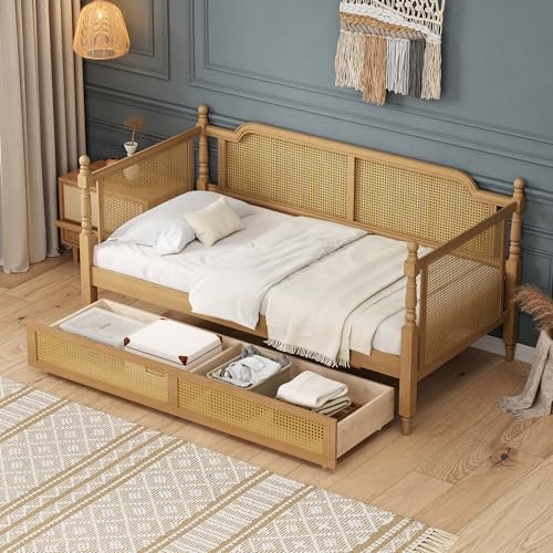 SOFTSEA Twin Size Rattan Daybed with Storage Drawers, Traditional Style Daybed with Storage, Twin Bed with Sturdy Wooden Slats for Kids, Girls, Boys, No Box Spring Needed, Easy Assembly, Walnut