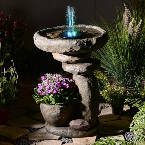 GardesT Solar Fountain for Bird Bath, Water Fountain Outdoor with Planter, Freestanding Rock Solar Waterfall with LED Lights for Garden, Patio, Yard