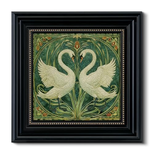 Vintage 3D Textured Romantic Swan Couple Wall Art 16x16, Victorian Framed Swan Art Painting Sandstone Surface, Classic Black Frame with Gold Dots, Art Nouveau Animal Print Shop Home Decor