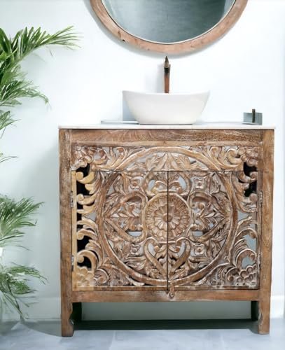 Vanity Art 36" Single Bathroom Vanity Set with Marble Top and Ceramic Basin - Rustic Wooden Bathroom Vanity Cabinet with Hand Carved Design - Natural Finish
