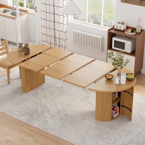 43-95 inch Long Round Extendable Dining Table for 4-10, Space Saving Oval Large Dinner Kitchen Table with 3 Leaf, 2 Storage, Fluted Mid Century Modern Dining Room Table for Living Room, Wood, Oak
