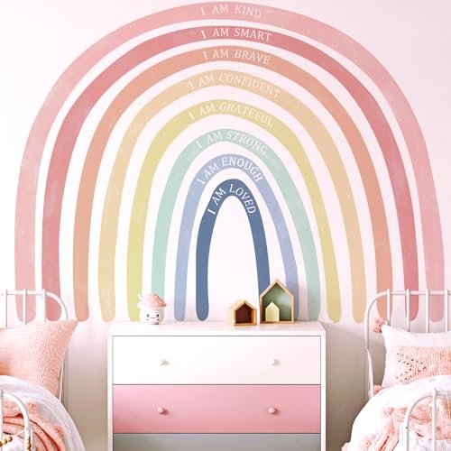 Large Watercolor Rainbow Wall Decals with Inspirational Quote, Colorful Peel and Stick Fabric Nursery Wall Decor, Removable Home Room Wall Murals Stickers for Kids Girls Toddler Bedroom Playroom