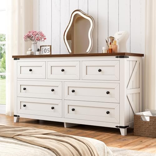 EnHomee Farmhouse 7 Drawers Dresser for Bedroom 51" Wide Wood Dressers and Chests of Drawers with Texture TV Stand for Bedroom, Hallway, Closet, Antique White