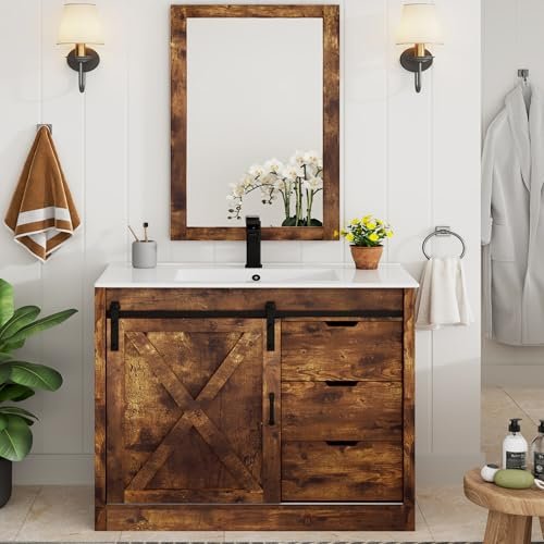 chartustriable 36 Inch Bathroom Vanity with Sink & Faucet & Mirror, Farmhouse Bathroom Vanity Cabinet Set with Sliding Barn Door & Drawers, Small Single Bath Storage Vanity Sink, Rustic Brown
