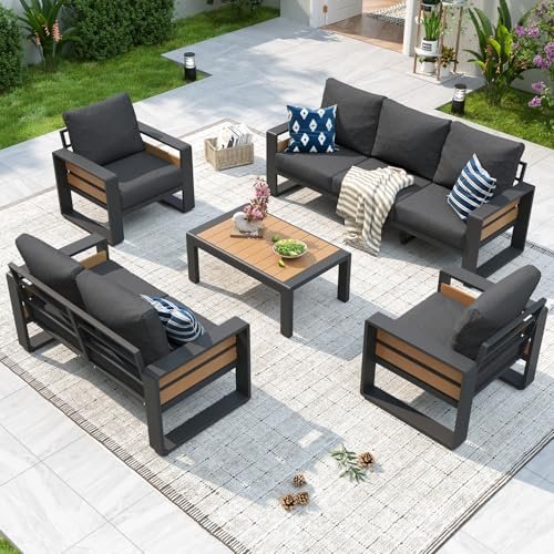 Aoxun Aluminum Patio Furniture Set, 5 Piece Luxury Outdoor Sectional with 6" Olefin Fabric Cushions, Patio Conversation Sets with Coffee Table and Waterproof Cover for Backyard, Porch Dark Grey