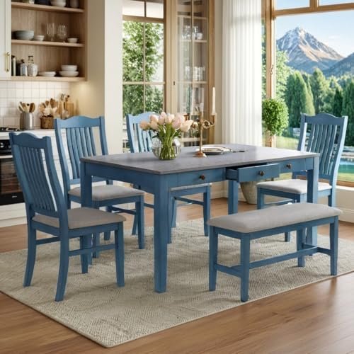 LUMISOL 6-Piece Solid Wood Dining Table Set, Farmhouse Kitchen Table Set with 4 Upholstered Chairs, Bench and Storage Drawers for Kitchen, Dining Room, Living Room, Antique Blue