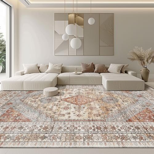 QQL Oversized Rug for Living Room-Machine Washable Area Rugs 9'x12' for Bedroom, Non-Shedding Faux Wool Vintage Design Boho Low Pile Mat Rugs,Stain Resistant Rugs with Non-Slip Backing