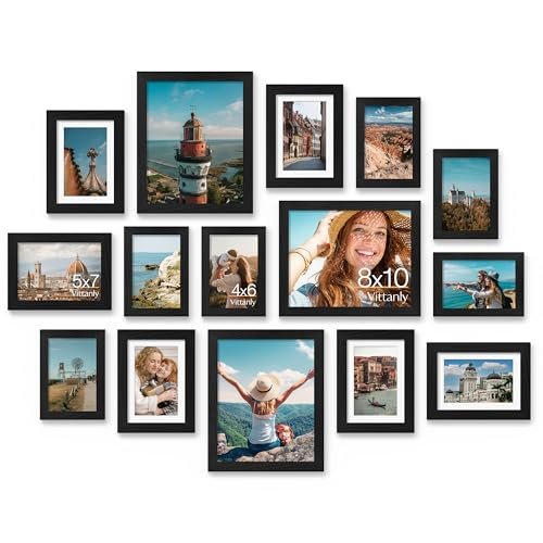 Vittanly 15 Pack Picture Frames Collage Wall Decor for Mounting or Tabletop Display, Gallery Frame Set for Family, Multi Sizes Including 3pcs 8x10, 6pcs 5x7, 6pcs 4x6, Black