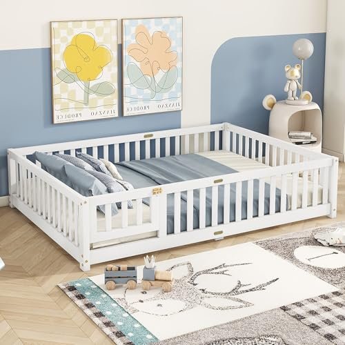 Bellemave Full Size Floor Bed with Slats and Safety Guardrail, Full Size Montessori Floor Bed with Fence and Door, Easy Assemble Montessori Beds for Kids, Girls, Boys, White