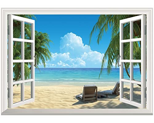 FLFK Fake Window Wall Sticker - Summer Beach Faux Window Wall Mural for Wall Decor, Stick and Peel Wall Decals,16"x24"