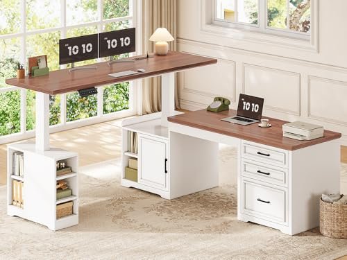 SEDETA Farmhouse L Shaped Electric Standing Desk, 63" x 67" Height Adjustable Home Office Executive Desk with Drawers and Shelves, Standing Computer Desks with Power Outlet for Home Office, White