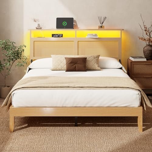 OURPIC Queen Bed Frame with Rattan Headboard, Wicker Bedframe with Charging Station and LED Lights, Boho Queen Bed with Storage Shelf, Solid Wood Support, Easy Assembly