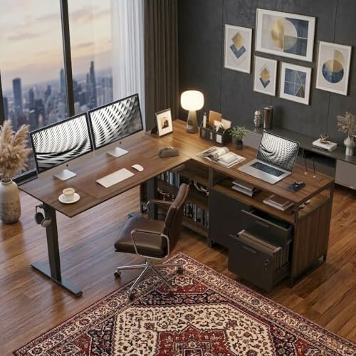 BANTI 66 Inches L Shaped Standing Desk with Drawers & Shelves, Executive Desk Adjustable Height Desk, Desk with Storage, Black Walnut Top/Black Frame