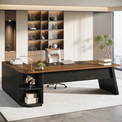 Tribesigns 79-Inch Executive Desk, Large Office Desk with Cabinet, L-Shaped Compter Desk with Storage Shelves, Writing Table for Home Office, Brown and Black