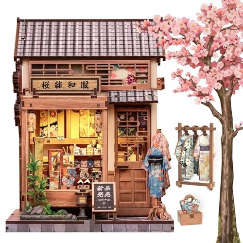 Cutefun Book Nook Kit - DIY Miniature Dollhouse Kit for Adults, Teens and Beginners, Japanese Sakura Tiny House Bookshelf Decor 3D Wooden Puzzles, Gifts for Friends & Family (Sakura Kimono Shop)