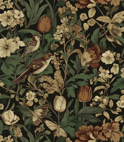 Erfoni 17.3" x197" Retro Floral and Bird Contact Paper Vintage Peel and Stick Wallpaper for Bedroom Decorative Self Adhesive Wall Paper Boho Floral Leaf Removable Wallpaper for Accent Wall Covering