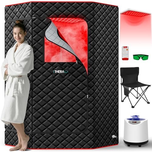 I-THERA-U XL Infrared Sauna Box with True 660 & 850nm Red Light Therapy Lamp, Portable Red Light Sauna for Home, Full Body Steam Tent with 3L 1200w Steamer, 15 Levels Heat, Chair, Remote