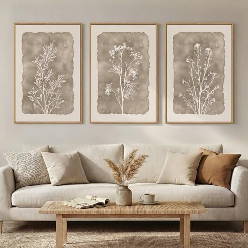 3 Piece Framed Neutral Botanical Wall Art Set, Large Farmhouse Floral Canvas Prints Paintings, Minimalist Wildflower Plant Artwork Decor for Living Room Bedroom Dining Room 16x24 Inch