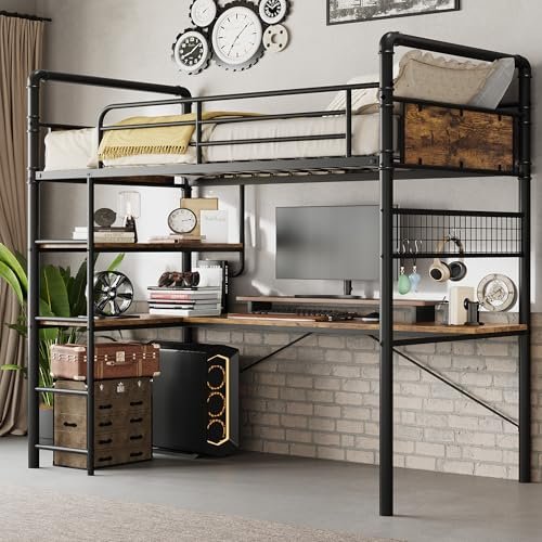 GarveeHome Loft Bunk Bed with L-Shaped Desk, Twin Loft Bed with Desk Underneath, Metal Bunk Beds with High Guardrail and Ladder for Kids/Teens/Adults, Easy Assembly, Vintage Brown