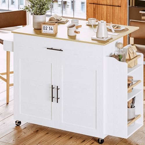IRONCK Kitchen Island with Storage, Rolling Kitchen Island on Wheels with Drop Leaf, 3 Open Spice Rack Shelf, Door Cabinet, Drawer, Kitchen Cart Island Table for Kitchen, White