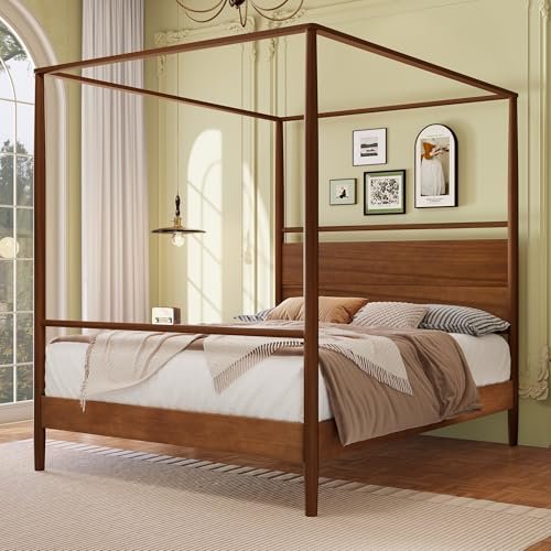 LUMISOL Queen Size Canopy Bed Frame with Headboard, Solid Wood 4 Posters Bed Frame with Uner-Bed Storage Space, No Box Spring Required, Easy Assembly, Walnut