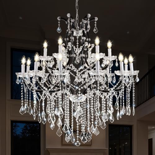 VARTTYAL 40" Black Crystal Chandelier, 18-Light Maria Theresa Chandelier Modern Farmhouse Chandeliers for Dining Room Table, Large Rustic Gothic Hanging Lamp for Master Bedroom & Living Room, Dimmable