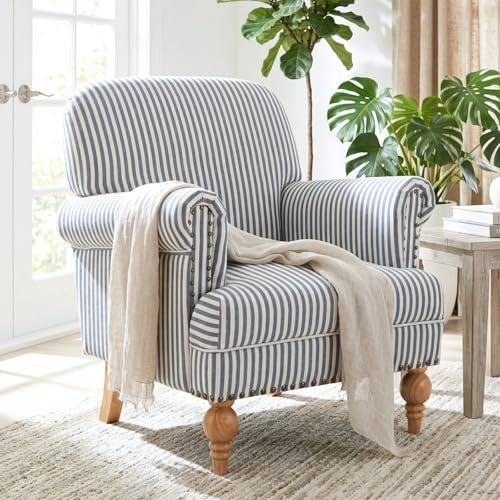 DM Furniture Blue Striped Linen Fabric Accent Chair, Coastal Upholstered Armchair with Nailhead Trim & Ball Turned Wood Legs, Modern Farmhouse Club Chair for Living Room Bedroom Guest Room