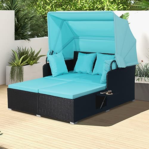 COSTWAY Outdoor Daybed with Retractable Canopy, Wicker Patio Furniture Set with Cushioned Pillows, Patio Rattan Daybed for Deck, Backyard, Poolside (Turquoise)