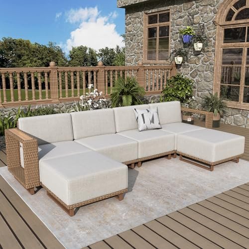 MIXPATIO Patio Sectional Furniture Set, 6 Piece Outdoor Wicker Sofa Couch Set, Yellow Rattan Modular Outdoor Conversation Sets with 10" Extra Thick Cushions, Low Profile Lawn Deck Garden Furniture