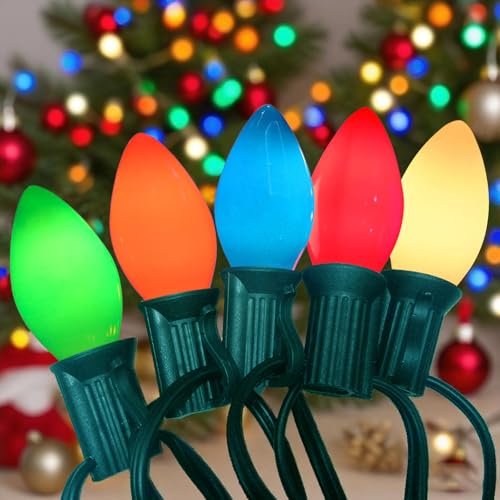 C7 Christmas Lights Outdoor 25Ft Old Fashioned Christmas Lights with 27 Multicolor Ceramic Glass Bulbs(2 Spare), Connectable Incandescent Xmas Light for Outside Patio Party Porch Holidays Decor