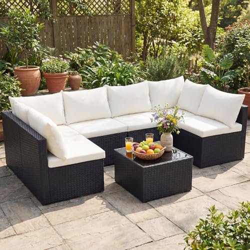 NEWBULIG 7-Piece Outdoor Patio Sectional Sofa, Weatherproof Modular Wicker Rattan Set with 2.8" Water-Resistant Cushions, Tempered Glass Table & Adjustable Feet for Deck, Backyard, Poolside (Black)