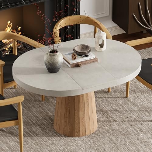 homary 39"-55" Round Extendable Dining Table, Farmhouse Oval Kitchen Table Pedestal Dining Room Table for 6 Persons