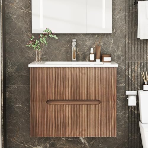 EROMMY 24 Inch Bathroom Vanity with Sink, Floating Bathroom Vanity with Ceramic Basin, Wall Mounted Bathroom Sink Cabinet Set with Soft-Close 2 Drawers, Faucet & Pop Up Drain, Walnut