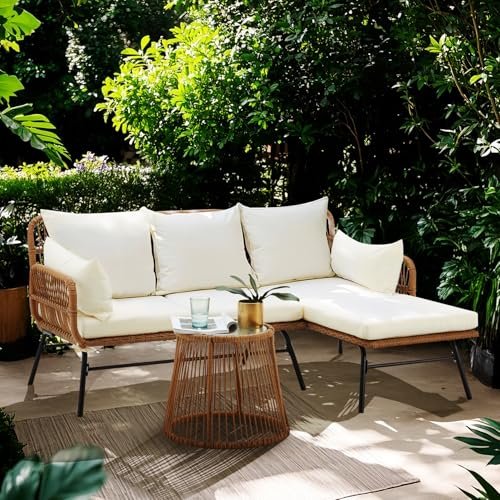 Bezseller 3-Piece Outdoor Patio Furniture Set, L-Shaped Rattan Sectional Sofa with Thick Cushions, Glass Coffee Table – All-Weather Conversation Set for Backyard, Porch, Poolside