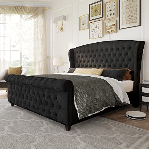 AMERLIFE Queen Size Platform Bed Frame, Velvet Upholstered Sleigh Bed with Scroll Wingback Headboard Footboard/Button Tufted/No Box Spring Required/Easy Assembly/Black